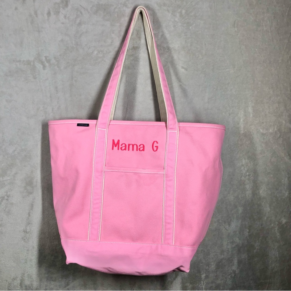 Lands End Canvas 5 Pocket Tote Bag Large Bubble Gum Pink “Mama G” Embroidered
